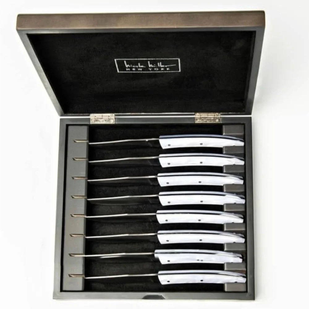 NEW Nicole Miller 8-Piece French Style Steak Knife Set With Elegant Wooden Case